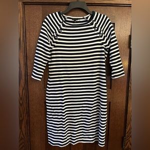 Talbots size S knit dress black & white black stripe laced up detail on shoulder